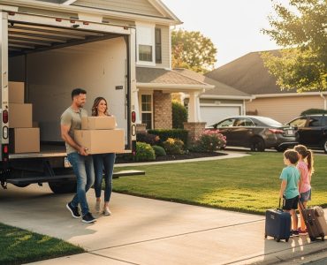 Un camion de déménagement est stationné devant une maison tandis qu’un homme, une femme et deux enfants préparent leur départ avec des cartons et des sacs.