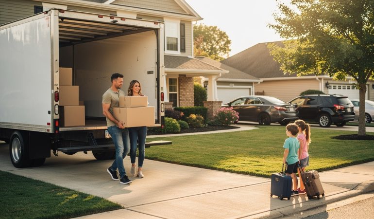 Un camion de déménagement est stationné devant une maison tandis qu’un homme, une femme et deux enfants préparent leur départ avec des cartons et des sacs.