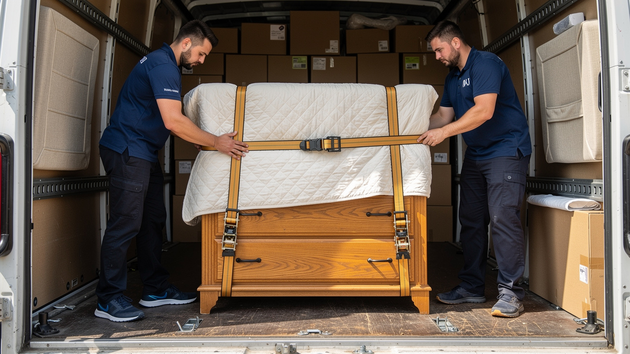 Deux déménageurs professionnels protègent soigneusement un meuble avec des couvertures et des sangles dans l’intérieur lumineux et organisé d’un camion.