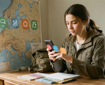 Jeune voyageuse consultant son téléphone et une carte non légendée de l’Europe avant son départ, dans une ambiance documentaire réaliste.