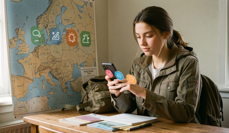 Jeune voyageuse consultant son téléphone et une carte non légendée de l’Europe avant son départ, dans une ambiance documentaire réaliste.