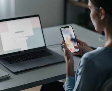 Une femme observe un smartphone à côté d’un ordinateur portable ouvert sur un bureau sobre et réaliste.