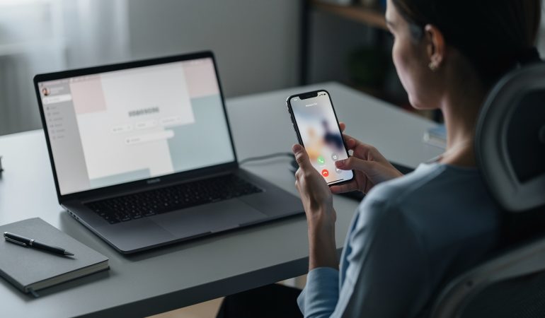 Une femme observe un smartphone à côté d’un ordinateur portable ouvert sur un bureau sobre et réaliste.