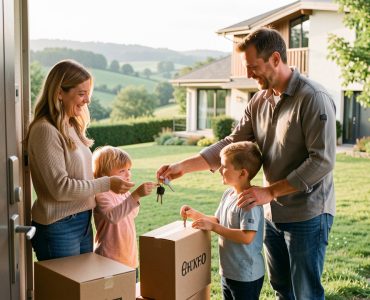 Une famille composée d’une femme, d’un homme et de deux enfants découvre les clés de sa nouvelle maison entourée de verdure, près de quelques cartons.