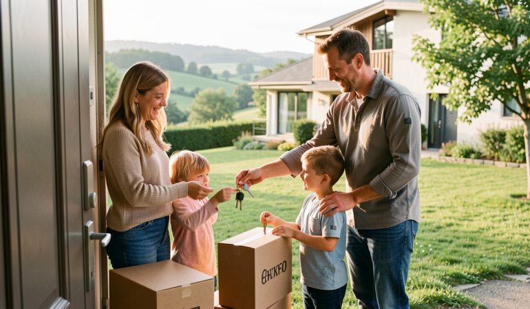 Une famille composée d’une femme, d’un homme et de deux enfants découvre les clés de sa nouvelle maison entourée de verdure, près de quelques cartons.