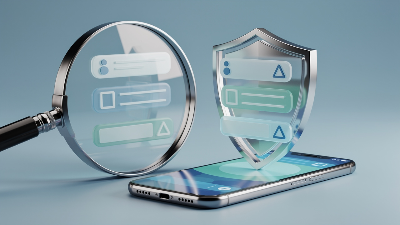 Illustration pédagogique d’un smartphone associé à une loupe, à des résultats de recherche vérifiés et à un bouclier symbolisant la protection des données.