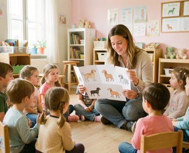Une enseignante de maternelle montre à des enfants attentifs des cartes illustrées sans texte représentant différentes postures d’un chien, dans une classe douce et chaleureuse.