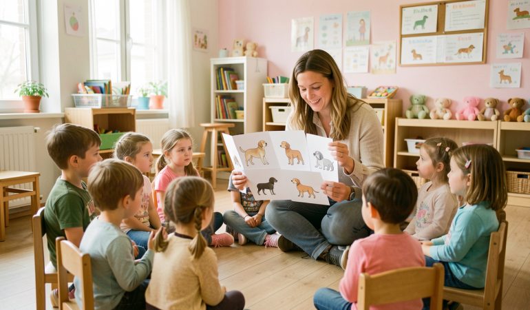 Une enseignante de maternelle montre à des enfants attentifs des cartes illustrées sans texte représentant différentes postures d’un chien, dans une classe douce et chaleureuse.