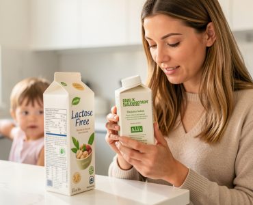 Une mère compare une brique de lait sans lactose et une boisson végétale dans une cuisine lumineuse, tandis qu’un enfant apparaît en arrière-plan.