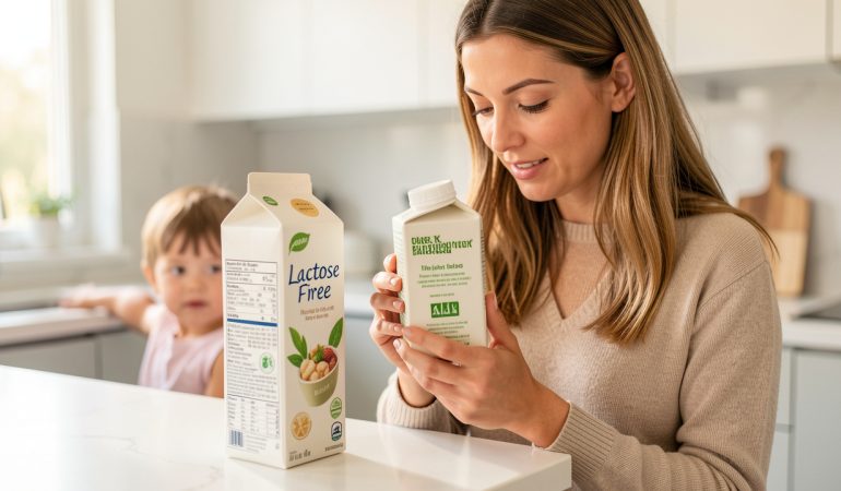 Une mère compare une brique de lait sans lactose et une boisson végétale dans une cuisine lumineuse, tandis qu’un enfant apparaît en arrière-plan.