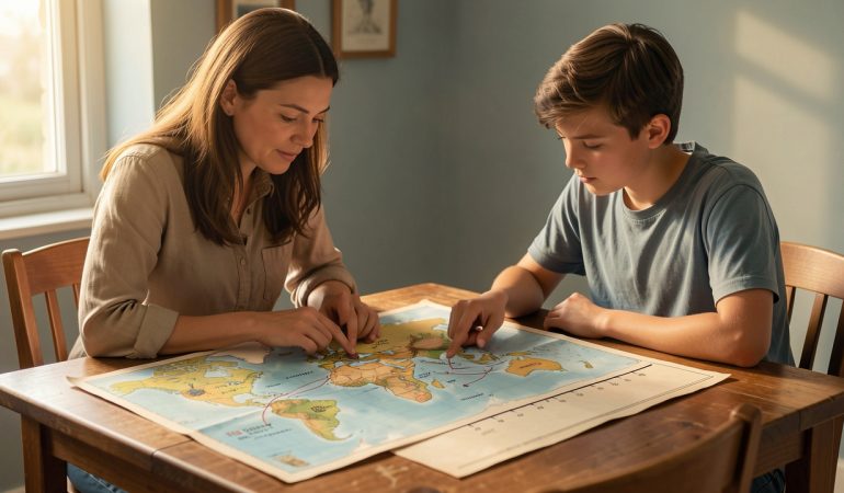 Une femme adulte et un adolescent consultent calmement une carte du monde et une frise chronologique vierge sur une table en bois, dans une ambiance pédagogique et sereine.